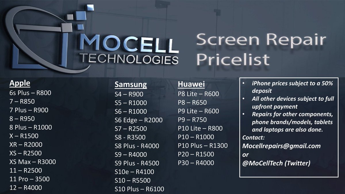 MoCellTech's tweet photo. Minor adjustments to the pricelist. Feel free to enquire about brands or models not on the list. https://t.co/kQ7HXRJy2i