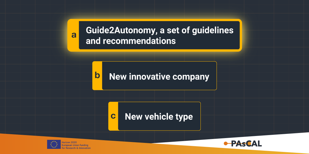 ProjectPascal's tweet image. #PAsCALQuiz
The correct answer in the previous post is “A”! #PAsCAL’s goal is to create a “#Guide2Autonomy”, a set of guidelines and recommendations aimed at accelerating the user-friendly evolution of connected automated vehicles and transport systems 👉 bit.ly/3xAlf2X.