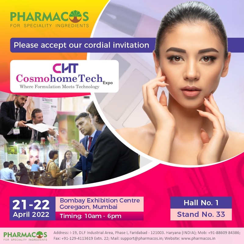 Pharmacos2006's tweet image. We will be eagerly waiting to see you at #cosmohomeTech Expo 2022! Come and joins us at stand no. #33 to know about new innovative cosmetic ingredients offered by us.

#innovation #personalcare #pharmacos #cosmeticingredients #pharmacosindia