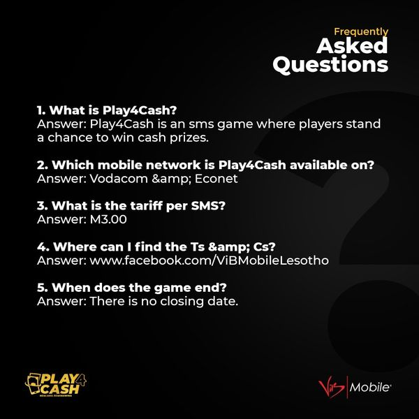 ViBMobileLs's tweet photo. 📌 FAQs about Play4Cash.
Remember, you can contact us here or on WhatsApp📱for more info. 
#play4cash https://t.co/6GDX5b8Upm
