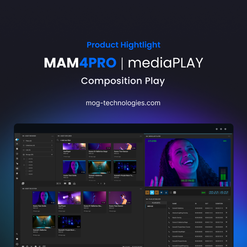 MOGTechnologies's tweet photo. New Product Highlight! mediaPLAY is an agnostic real-time playback that allows users to #playback and #review content across all platforms and channels. The Composition Play feature allows you to play multiple clips simultaneously in the SDI-OUT and in the same Player.