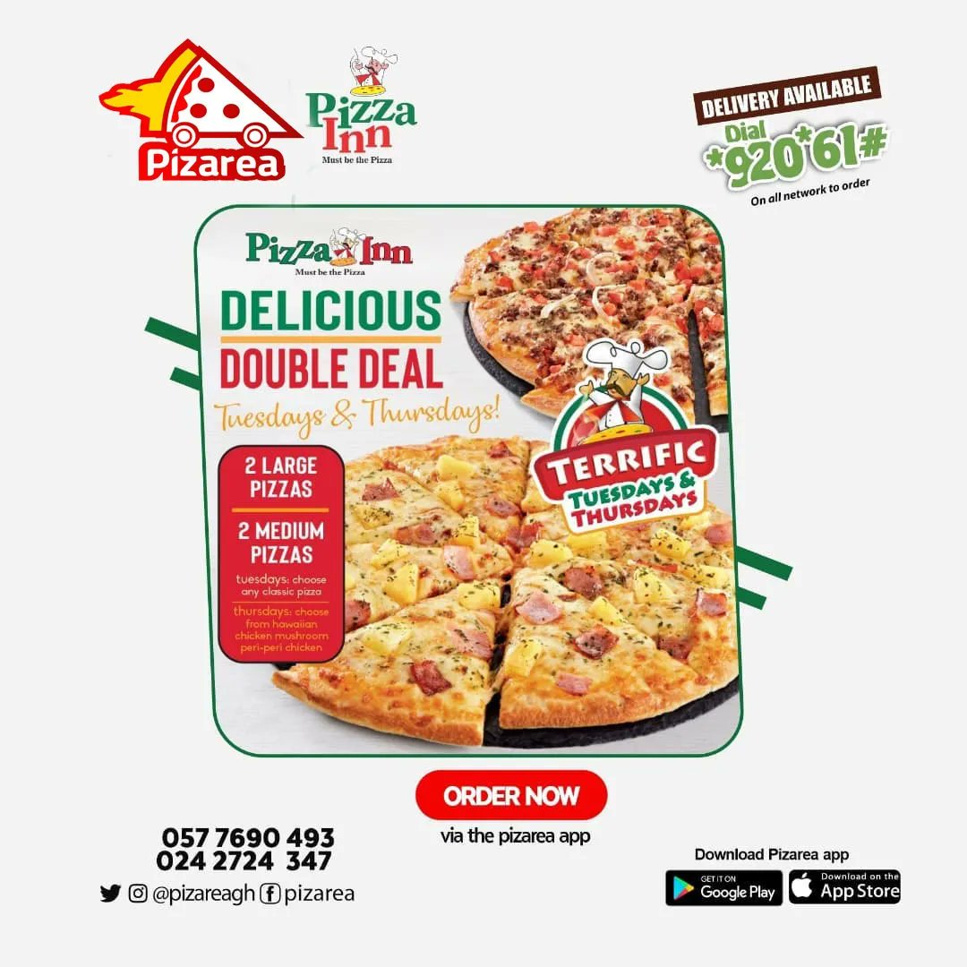 pizareagh's tweet photo. Terrific Tuesday guys 🥳🥳🥳❤️‍🔥❤️‍🔥. The promo is on. Buy any medium or large pizza from Pizza Inn &amp; get 1 free.

Download the pizarea app or call the following numbers to order. 

☎️ 0577690493 / 0242724347

#pizareamakingfoodorderingadelight #terrifictuesday #pizza  #pizarea https://t.co/tJIJHcpol9