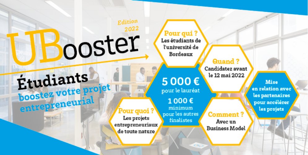 👩‍🎓👨‍🎓Étudiant-e à l'<a href="/univbordeaux/">Université de Bordeaux</a> et porteur d'un projet entrepreneurial ? 
N'hésitez plus et candidatez dès maintenant et avant le 12 mai à UBooster 🚀!
👉bit.ly/ubooster22