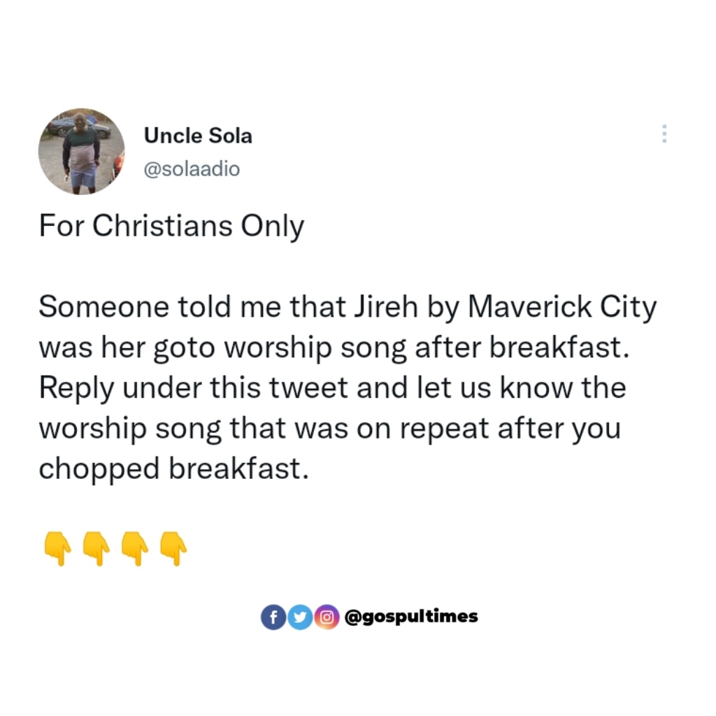 GospulTimes's tweet photo. What's your go to worship song?
@gospultimes
#gospultimes #gospelnews #morning #worship #godlycontent #christian #updates #newsandgist #gospel https://t.co/c1HRrYpPxX