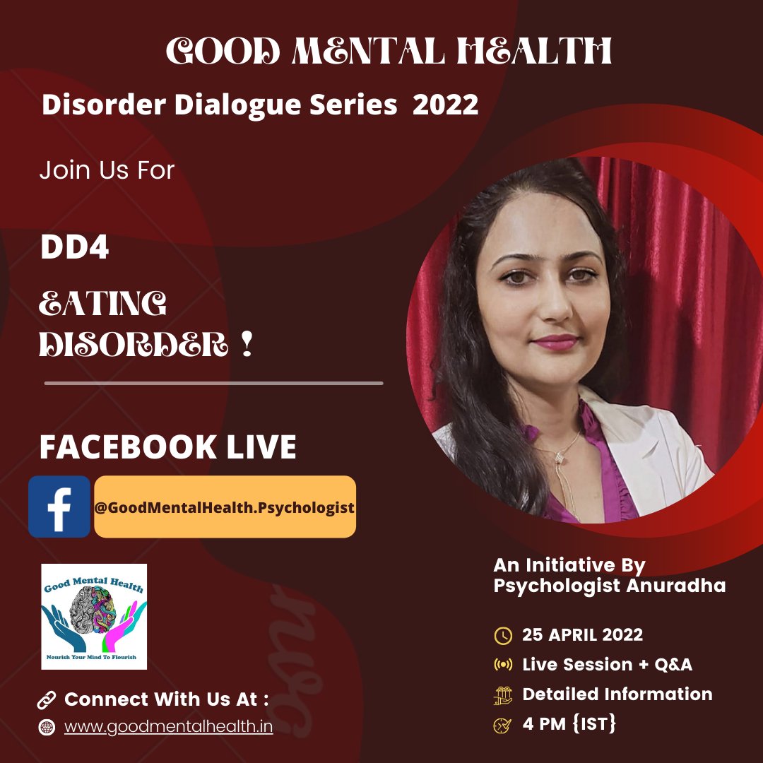 Join me LIVE with the Good Mental Health  DISORDER DIALOGUE SERIES 2022
#GoodMentalHealth #RCILicensedMentalHealthProfessional  #MentalHealth #REVOLUTION #Continues #DISORDERDIALOGUESERIES2022 #DD4 #eatingdisorderawareness #eatingdisorderhelp #FACEBOOKLIVE