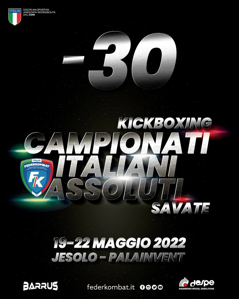 ⌛️      ➖3️⃣0️⃣ 
e si torna al 𝗣𝗔𝗟𝗔 𝗜𝗡𝗩𝗘𝗡𝗧 di Jesolo (VE) per i 𝗖𝗮𝗺𝗽𝗶𝗼𝗻𝗮𝘁𝗶 𝗜𝘁𝗮𝗹𝗶𝗮𝗻𝗶 𝗔𝘀𝘀𝗼𝗹𝘂𝘁𝗶 🇮🇹 di Kickboxing e Savate. 🥊

🔥 are you ready? 🔜

#federkombat