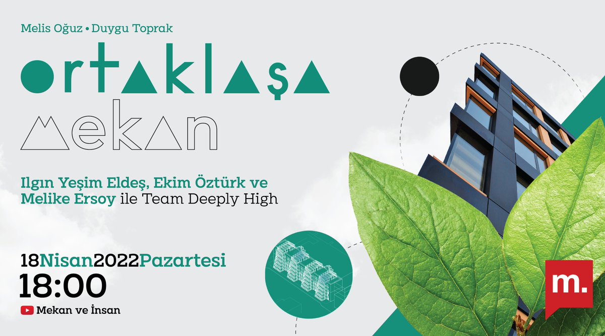 Ortaklaşa Mekan'ın 15. bölümünde <a href="/MelisOguz/">Melis Oğuz Çevik</a> ile birlikte Team Deeply High ekibinden <a href="/ilgineldes/">Ilgın</a>  @Ekimgny ve <a href="/mlkrsy/">Melike Ersoy</a> ile sürdürülebilir mimarlık üzerine sohbet ettik.
<a href="/medyascope/">Medyascope</a> 
#mekanveinsan 

Görsel tasarım <a href="/cihannder_/">Cönder</a>