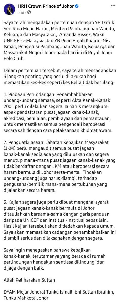 Saya telah mengadakan pertemuan dengan Datuk Seri Rina Mohd Harun, Menteri Pembangunan Wanita, Keluarga &amp; Masyarakat, Amanda Bissex, Wakil UNICEF ke Malaysia Puan Hajah Khairin-Nisa Ismail, Pengerusi Pembangunan Wanita, Keluarga &amp; Masyarakat Johor.

facebook.com/10004417187246…