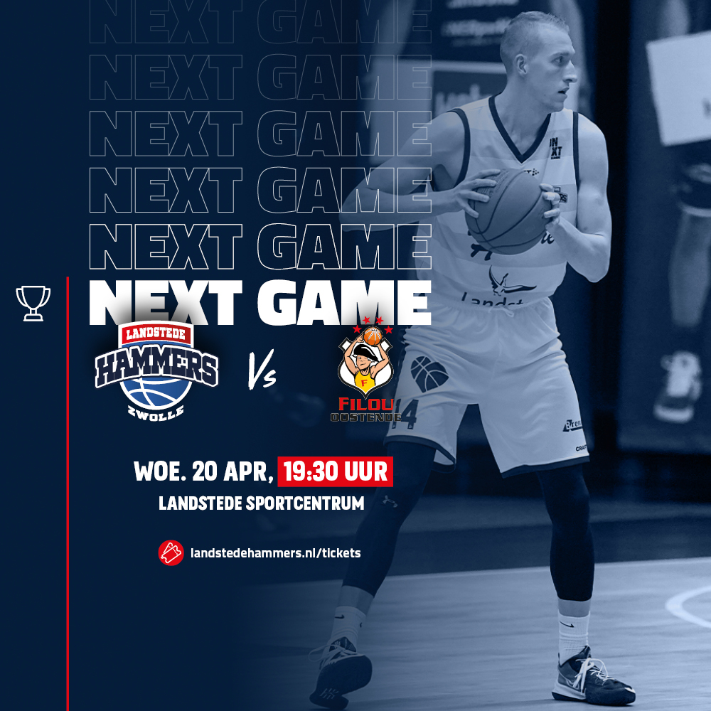 De volgende topwedstrijd staat alweer op het programma, want morgen komt <a href="/FILOU_Oostende/">Filou Oostende</a> op bezoek! 😉

Kom jij naar <a href="/LandstedeSport/">Landstede Sportcentr</a> voor een avond topbasketbal? Bestel nu je tickets via landstedehammers.nl/tickets! 

#Hammertime