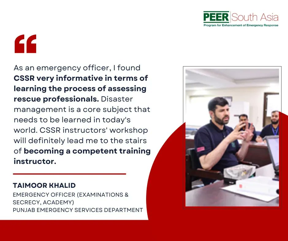 PeerSouthAsia's tweet photo. Taimoor Khalid from @pesrescue1122 who recently completed the CSSR instructors’ workshop in #Pakistan shares his experience from the training.
#EmergencyResponse #DisasterResponseTraining https://t.co/L5kQf8TK7L