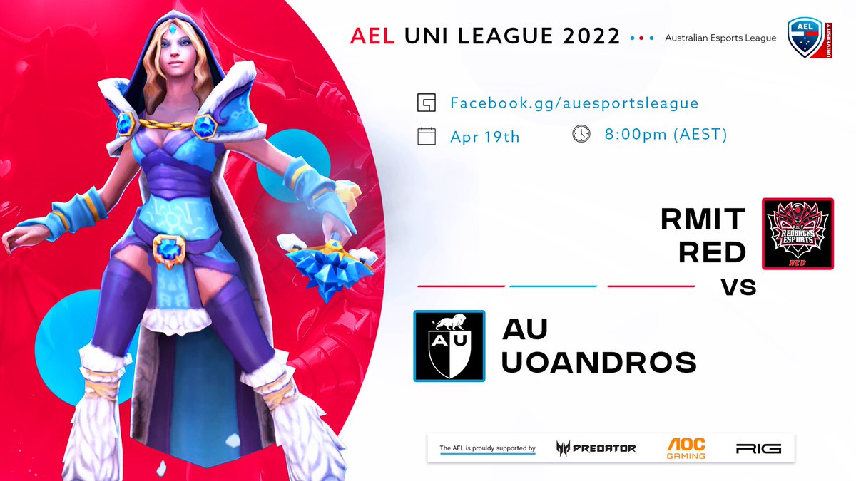 Australian Esports League (@auesportsleague) on Twitter photo π’DOTA 2 MATCH TONIGHT! π’
Join us for tonight's match in Season 1 of the 2022 AEL University League!
π΄ fb.gg/auesportsleague
π 8:00pm AEST
Casting by <a href="/KadiusCasts/">Kadius</a>
Tonight's match will feature:
<a href="/RMITesports/">RMIT Esports & Games</a> Red vs <a href="/UniofAdelaide/">Uni of Adelaide</a> UoAndros from Group A
#esports #dota2 π’DOTA 2 MATCH TONIGHT! π’
Join us for tonight's match in Season 1 of the 2022 AEL University League!
π΄ fb.gg/auesportsleague
π 8:00pm AEST
Casting by <a href="/KadiusCasts/">Kadius</a>
Tonight's match will feature:
<a href="/RMITesports/">RMIT Esports & Games</a> Red vs <a href="/UniofAdelaide/">Uni of Adelaide</a> UoAndros from Group A
#esports #dota2