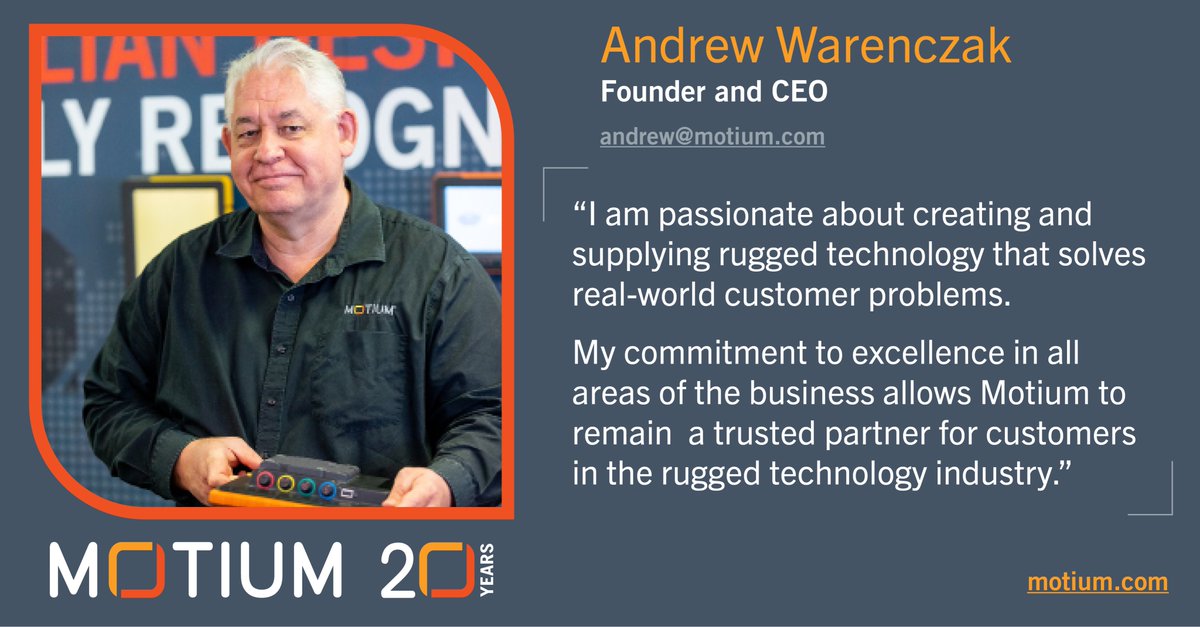 MotiumAus's tweet photo. Meet our Founder and CEO, Andrew Warenczak. 

With more than 35 years of experience in electronics design, manufacturing, and product development, Andrew spearheads Motium’s approach to everything rugged tech. #rugged #technology #manufacturing #Australian #computers https://t.co/sof4zPWIeE