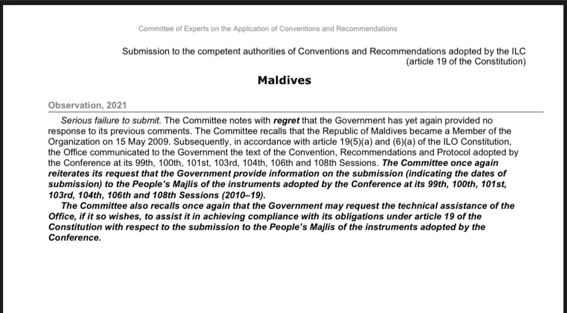 mtucMV's tweet photo. The Gov of Maldives have failed over the past 8 years to submit responses to the ILO regarding the implementation of the conventions ratified, This shows how governments failed to ensure justice to workers of Maldives Do your job? @MoEDmv @ILOColombo @iufap @ituc @PSIasiapacific https://t.co/kTsu0umuls
