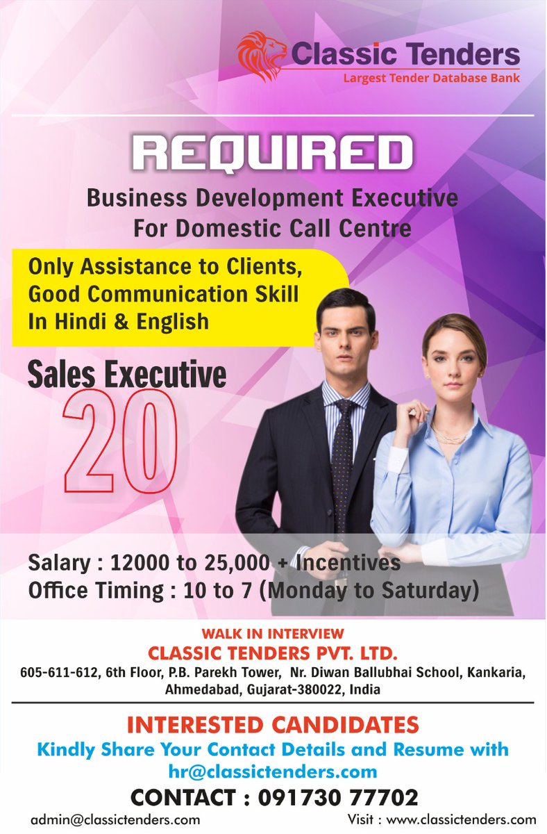 We are hiring Sales Executive in Ahmedabad.
Role : Sales Executive (B2B Sales)
Experience : Min.1 year in sales
Qualification : Graduates
Salary : Up to 25k + Incentives
Please send updated resume at hr@classictender.com or in Whatsapp 09173077702 for further steps if interested.