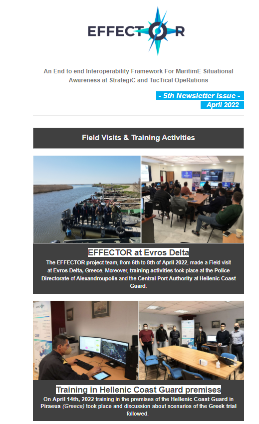 📣The 5⃣th Issue of the #EFFECTOR_Project Newsletter has been published📨‼️

📍Read it at: 
mailchi.mp/f3689e2d933b/e…

ℹ️ #Synergy projects featured: <a href="/BorderUas/">BorderUAS</a>, <a href="/MeticosEU/">METICOS EU</a>, <a href="/Promenade_H2020/">Promenade</a>, <a href="/Nestor_H2020/">NESTOR H2020 EU Project</a>, 

<a href="/effector_h2020/">EFFECTOR_H2020</a> <a href="/HorizonEU/">Horizon Europe 🇪🇺</a>🇪🇺 <a href="/CORDIS_EU/">EU Research Results</a> #CISE #H2020BESCluster