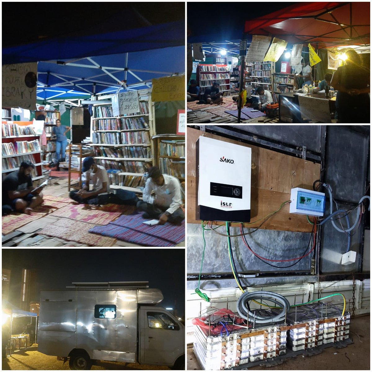 cansrilanka's tweet photo. අරගලය is now powered with #renewableenergy
A group of individuals has built a small solar power plant at #GotaGoGama  to power the library, the Citizens' Council, the Ambulance Service, the Ayurveda Center, the Legal Aid Stall and the phone charging station. 
#GotaGoHome2022 https://t.co/75oqvKd76V