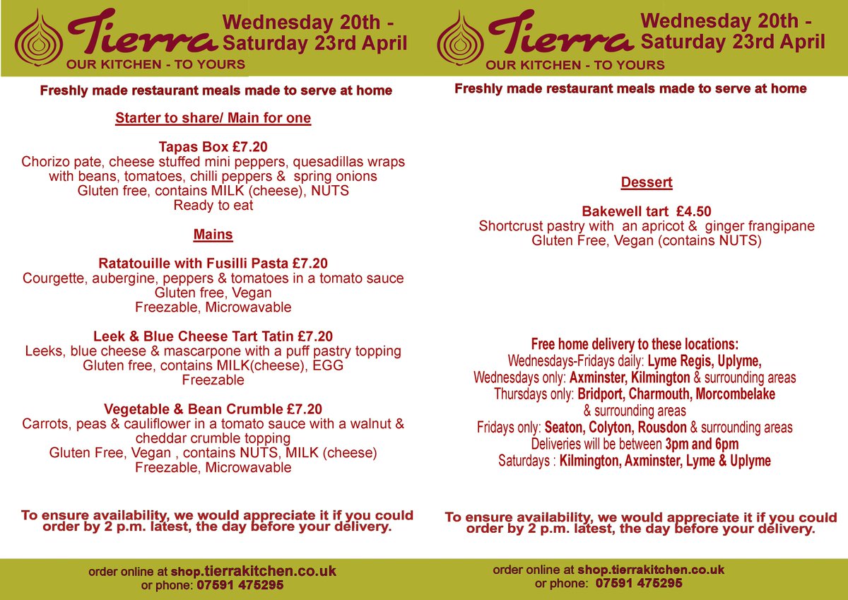 TierraKitchen's tweet photo. Here’s this week's menu, available to preorder now at https://t.co/3mteXWErci and delivered to your door for free Wednesday to Saturday! https://t.co/jYQQZZ6wKQ