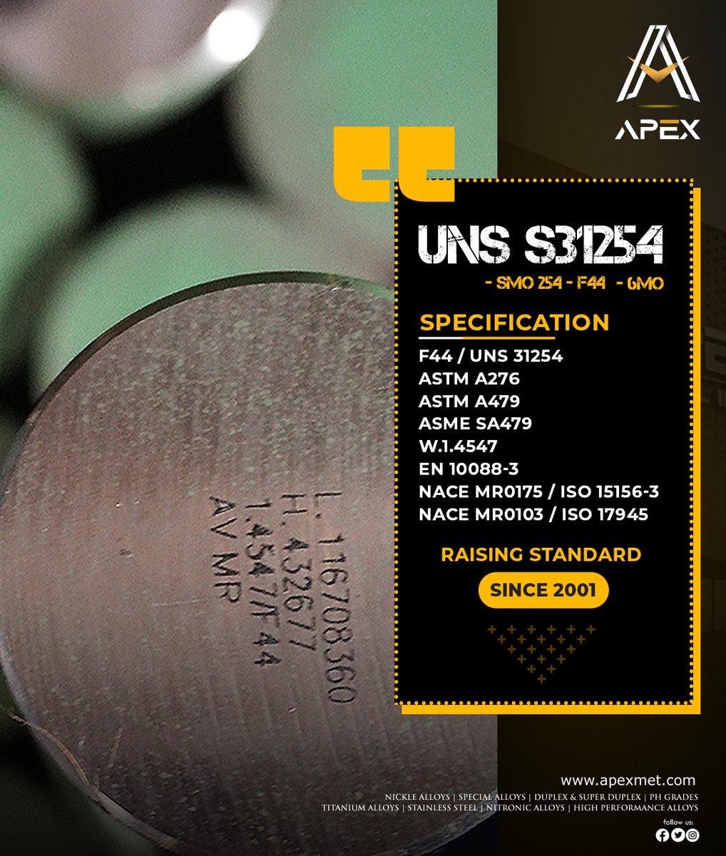 apexmetalindia's tweet photo. UNS S31254
SMO 254-F44-6MO
Strengthening Partnership Since 2001
Visit Us:- https://t.co/cUZbkSABvP
Contact us onπ:- 9136007211
#ApexMetalIndia #Apex #StainlessSteel #NickelAlloys #duplexsteel #SuperDuplexSteel #SpecialAlloys #roundbars #PHGrades #TitaniumAlloys #NitronicAlloys https://t.co/5dxYOhdHcj