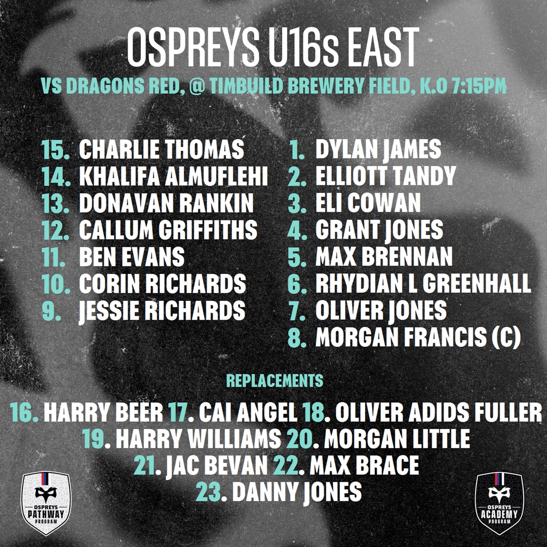 ospreys's tweet photo. The Ospreys U16s East and West are both in action on Wednesday evening 🙌

Here's how they line-up 👇

#OspreysInTheMaking https://t.co/eWaxjJu6fT