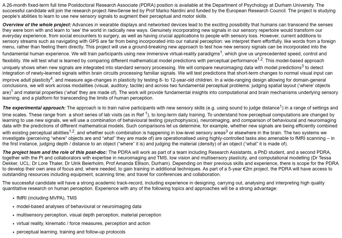 MarkoNardini's tweet photo. Just under 1 week until this vacancy for a postdoc to join the lab closes (𝕄𝕠𝕟𝕕𝕒𝕪 𝟚𝟝𝕥𝕙) - multisensory perception / plasticity &amp; learning at @DurhamPsych funded by @ERC_Research - get in touch for info :) https://t.co/az5IRrIu9a