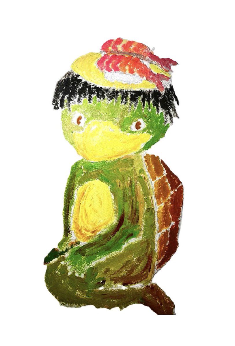 eheta_eheta's tweet photo. 【ヘンテコ絵】Vol. 46

『河童寿司』

大手チェーン店『河童寿司』では、河童に寿司が乗せられた状態で流れてくる。緑の河童は100円寿司、銀の河童は300円寿司、金の河童は500円寿司をそれぞれ表している。河童は子どもたちに人気が高く、ファミリー層を多く取り込んでいる。
#art #イラスト #油絵 https://t.co/5IYf9K8Mhn