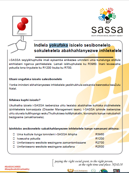 SASSA has measures in places to assist those affected by the floods in KZN. <a href="/The_DSD/">Social Development</a> @GCIS <a href="/nda_rsa/">NDA-RSA</a> #SASSACares  See below how you can access the services.