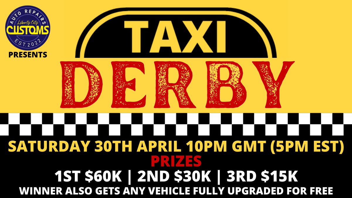 lclrp_fivem's tweet photo. Our next event is going to be an awesome night of CHAOS. All you need to do is smash up other taxi's with yours, and be the last one standing. Seatbelts on.

Join us today at https://t.co/3SGE48Luie 

#GTARP #GTAROLEPLAY #FiveM https://t.co/epgtBYe1pe
