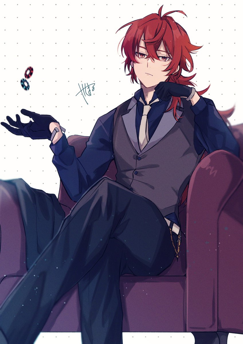 diluc (genshin impact) male focus 1boy red hair gloves red eyes solo long hair  illustration images