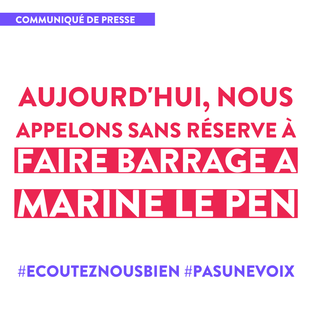Violsfemmesinfo's tweet photo. 📣📣📣 "L'extrême droite est incompatible avec les droits des femmes". 

Le CFCV et les associations signataires appellent sans réserve à faire barrage à Marine Le Pen et à l'extrême droite. 

Lien vers la tribune ici : https://t.co/rldQxwFkFk 

#Ecouteznousbien #pasunevoix. https://t.co/MbzhGunwAi