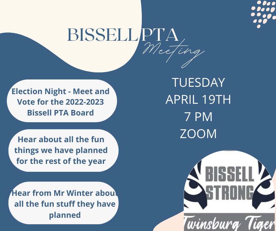 BissellPTA's tweet photo. Bissell PTA Meeting and Election Night.  Come join us on a zoom meeting and hear all the fun stuff planned for the end of the year.  This is the last PTA meeting .  There will be prizes, elections and you'll be up to date on the end of year activities! https://t.co/UEyzHdHtF5 https://t.co/kOPzPhHcFI
