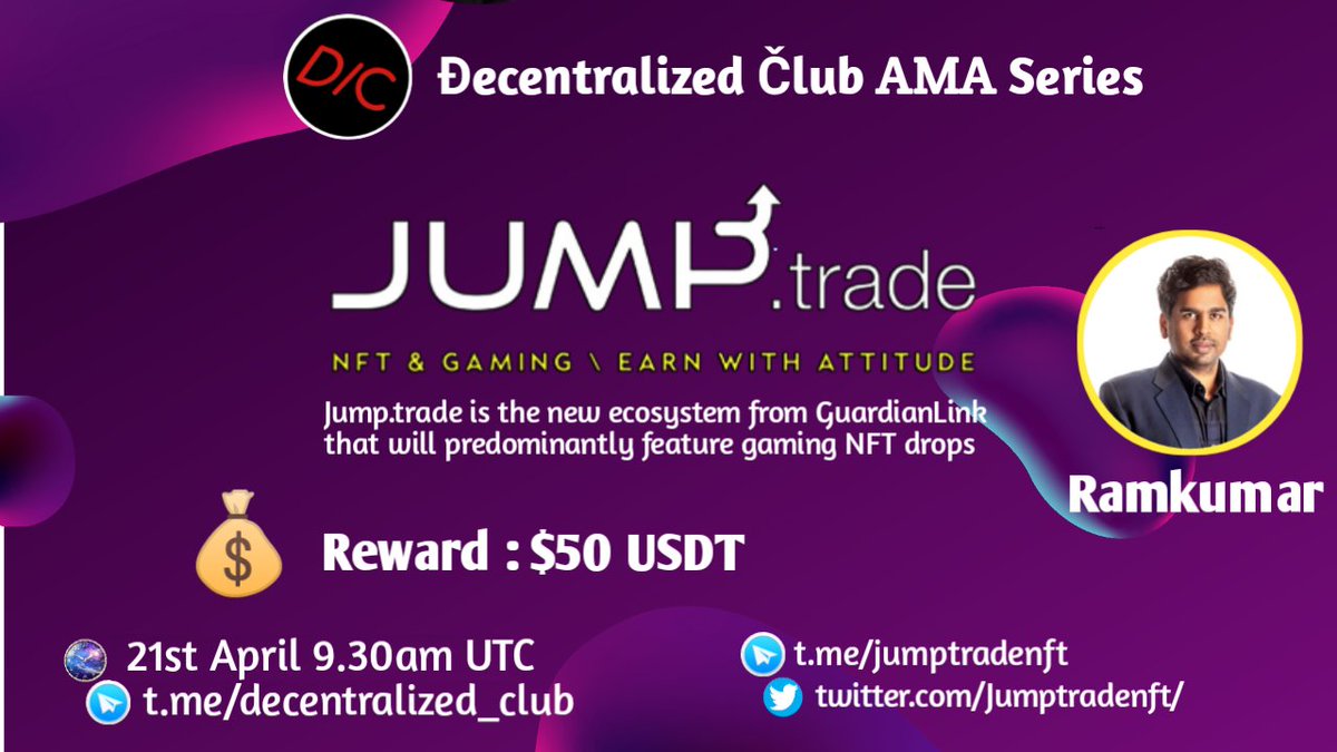 DC will host AMA with @Jumptradenft on April 21 (2022) at 9.30AM UTC|5.30AM EST|3.30PM IST

10 questions from Twitter(5) &amp; Telegram(5) will share $50 USDT. 

1⃣Like,Retweet
2⃣tag 2 friends
3⃣Post Question