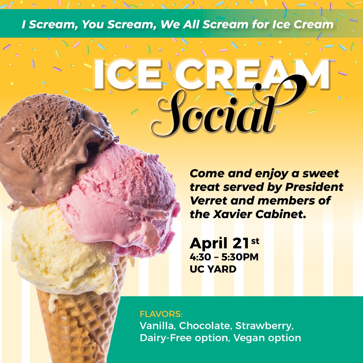 XULA Student Affairs (@xulastuaffairs) on Twitter photo Hey Xavierites - we all scream for ice cream! Grab a frozen treat and hang out with <a href="/XULApres/">Pres. Reynold Verret</a> & members of our #XULA Cabinet at the Presidential Ice Cream Social! β
#XUicecreamsocial #XUPresidentialSocial Hey Xavierites - we all scream for ice cream! Grab a frozen treat and hang out with <a href="/XULApres/">Pres. Reynold Verret</a> & members of our #XULA Cabinet at the Presidential Ice Cream Social! β
#XUicecreamsocial #XUPresidentialSocial