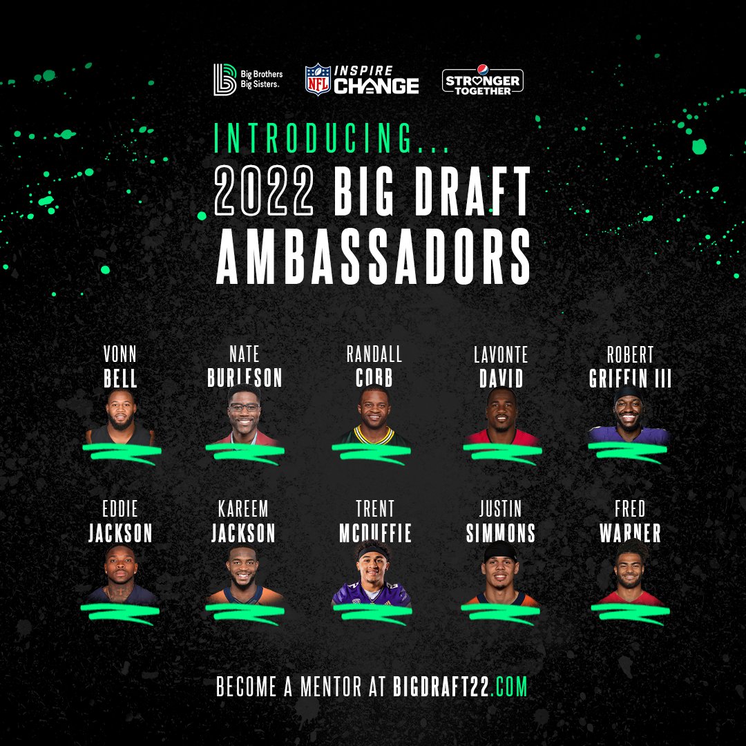 BBBSA's tweet photo. As we gear up for the 2022 @NFL Draft, we’re excited to spotlight our Big Draft Ambassadors! 🏈🙌
This group of NFL players and personalities know the power of mentorship and they’re sharing how #mentoring has impacted their lives.//@InspireChange
#BiggerTogether #TheBIGDraft https://t.co/7uLJUFhMLN