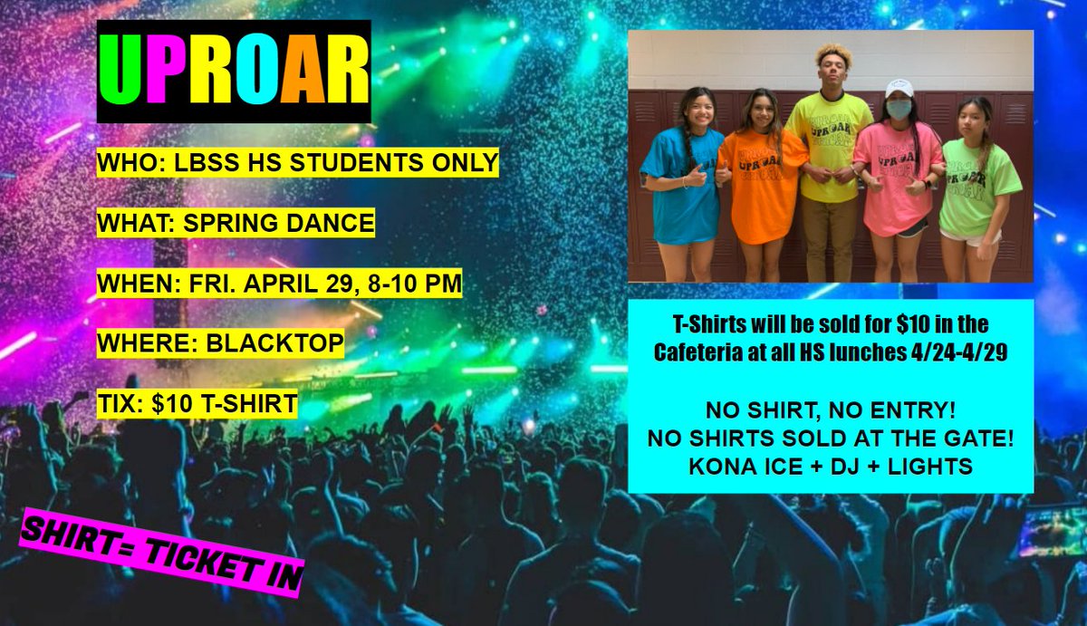 FCPSLBSS's tweet photo. Lake Braddock High Schoolers!  Join us at the Uproar Spring Dance!  Get your tickets (a t-shirt!) for $10 at HS lunches from 4/24-4/29!  No shirt, no entry! https://t.co/5RGleZrCnx