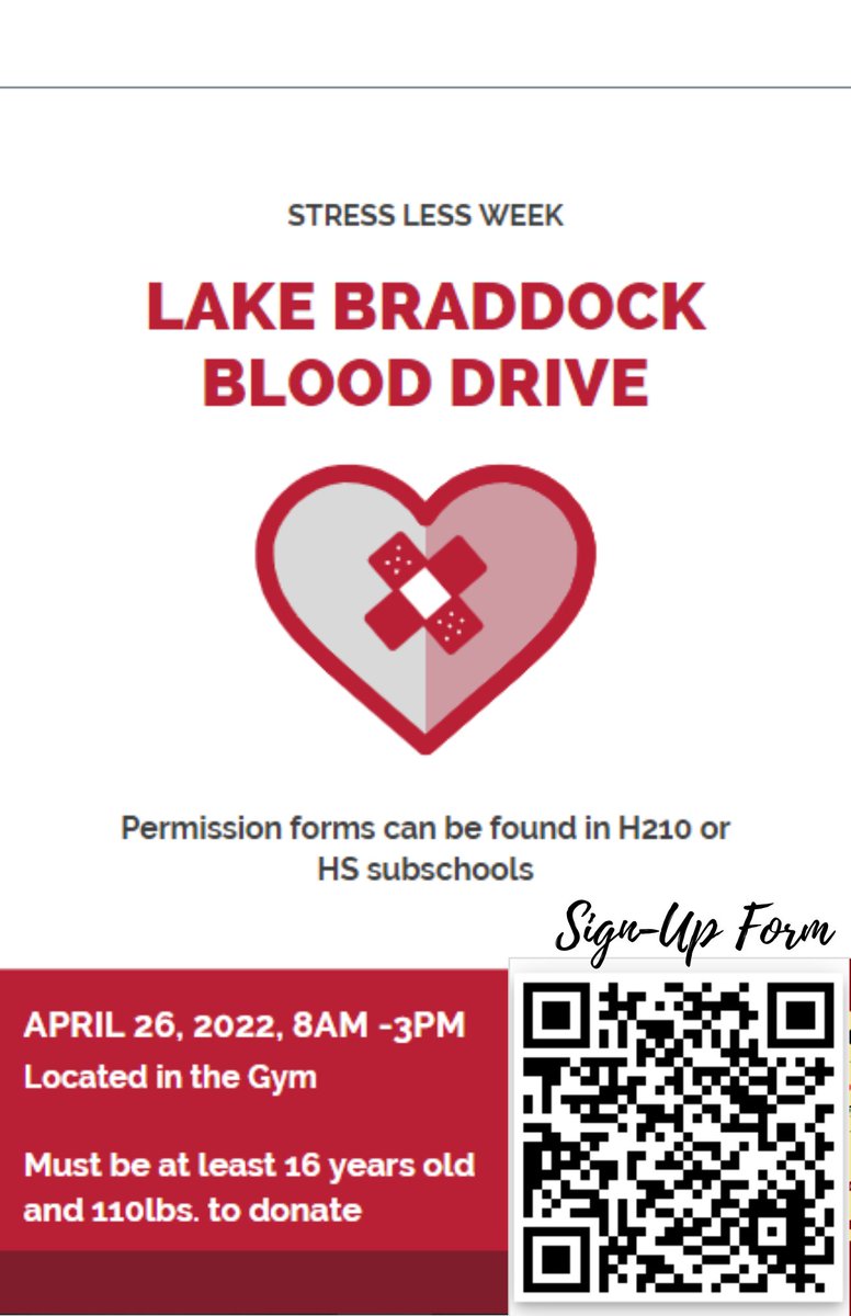 FCPSLBSS's tweet photo. Stress Less Blood Drive April 26.  Find permission forms in H120 or HS Subschools.  Must be 16 and 110 lbs to donate! https://t.co/IsGThWClsX