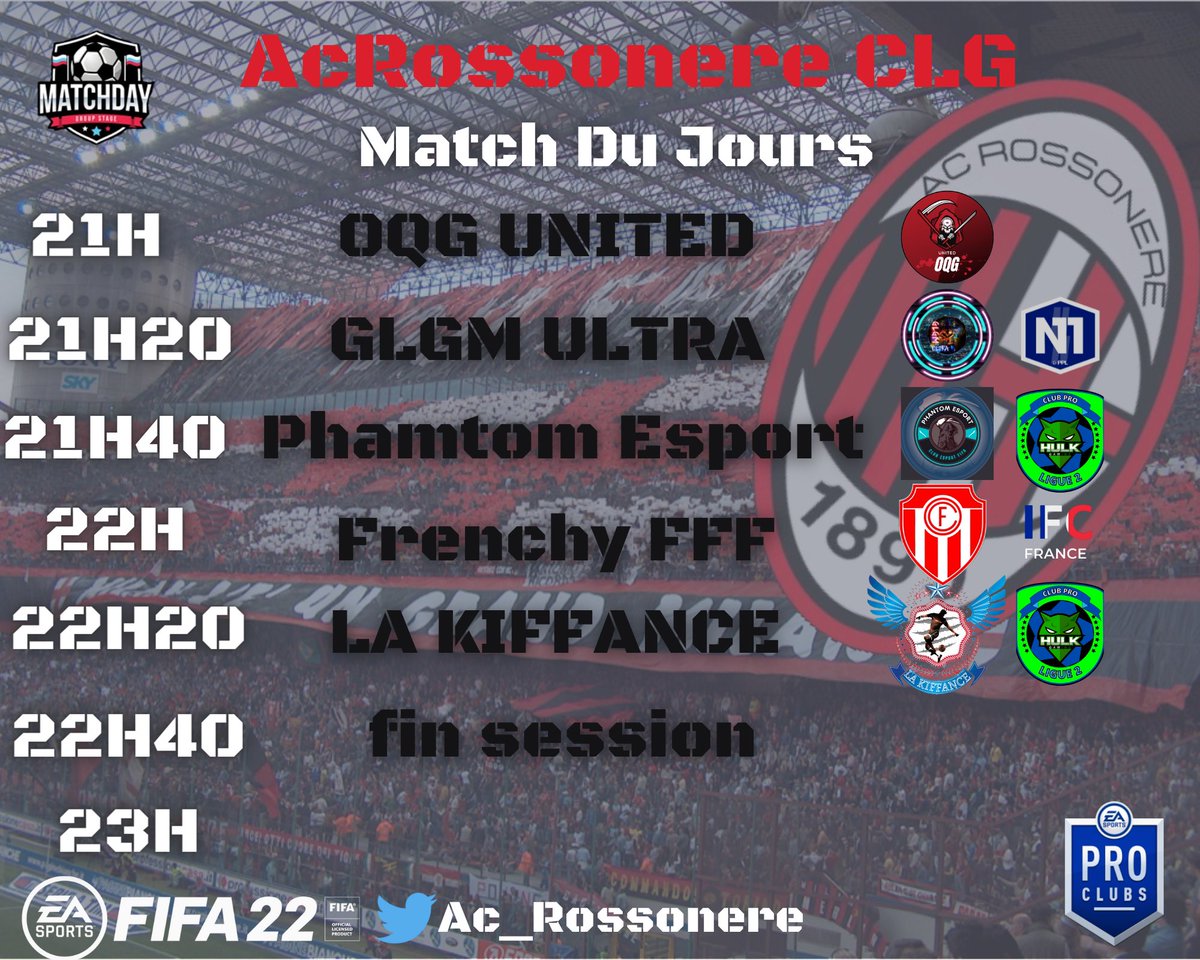Programme du soir et nos 11 rossonere 🔴⚫️! 
@x3Maldinii 
<a href="/dimitri_goulard/">Goulard Dimitri</a> 
@_CityLifeGroup_ 
<a href="/Haruk018/">Haruk-0</a> 
@FCMARTIGUESACY 
@CLG_BOCA_ACY 
@FCMARTIGUESCLG 
@FC_MartiguesCLG