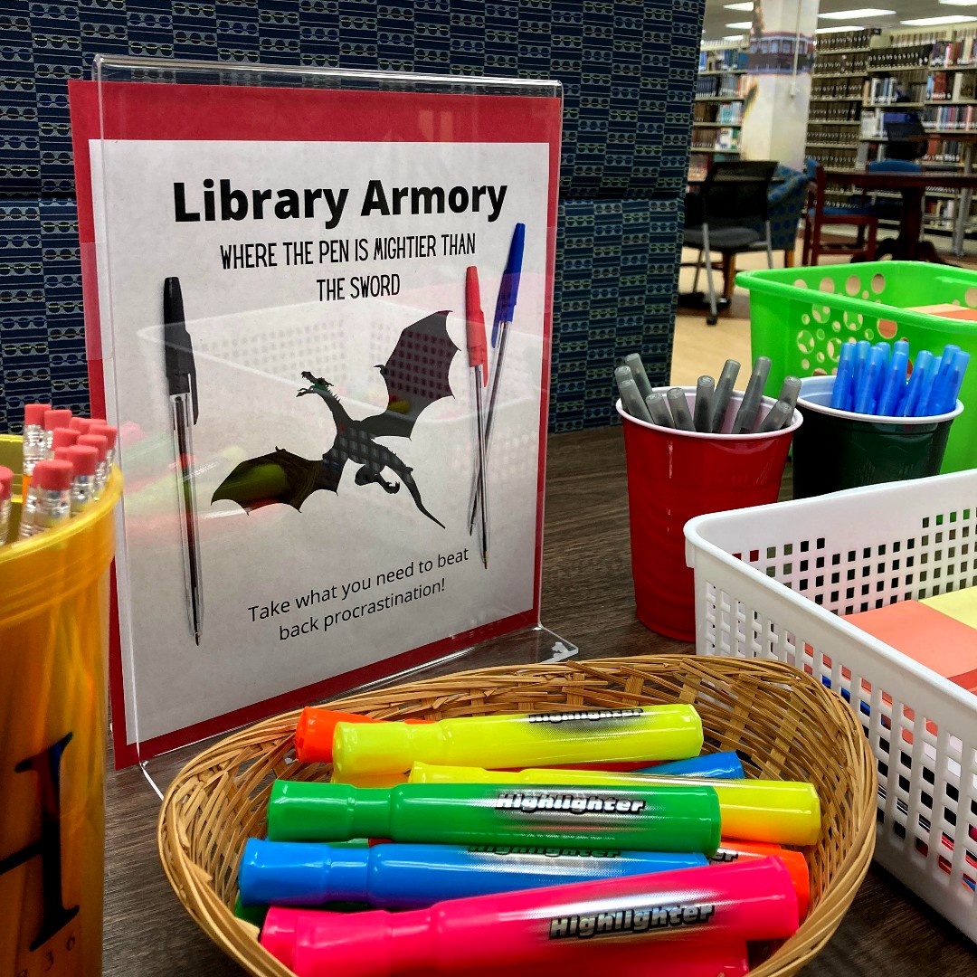 EHCLibraries's tweet image. Need some additional supplies as you fight off procrastination and finish up those final projects? Swing by the #KellyLibrary! Don&apos;t forget that each evening, from 5-10PM this week, the library is offering structured study time and reference/research help!