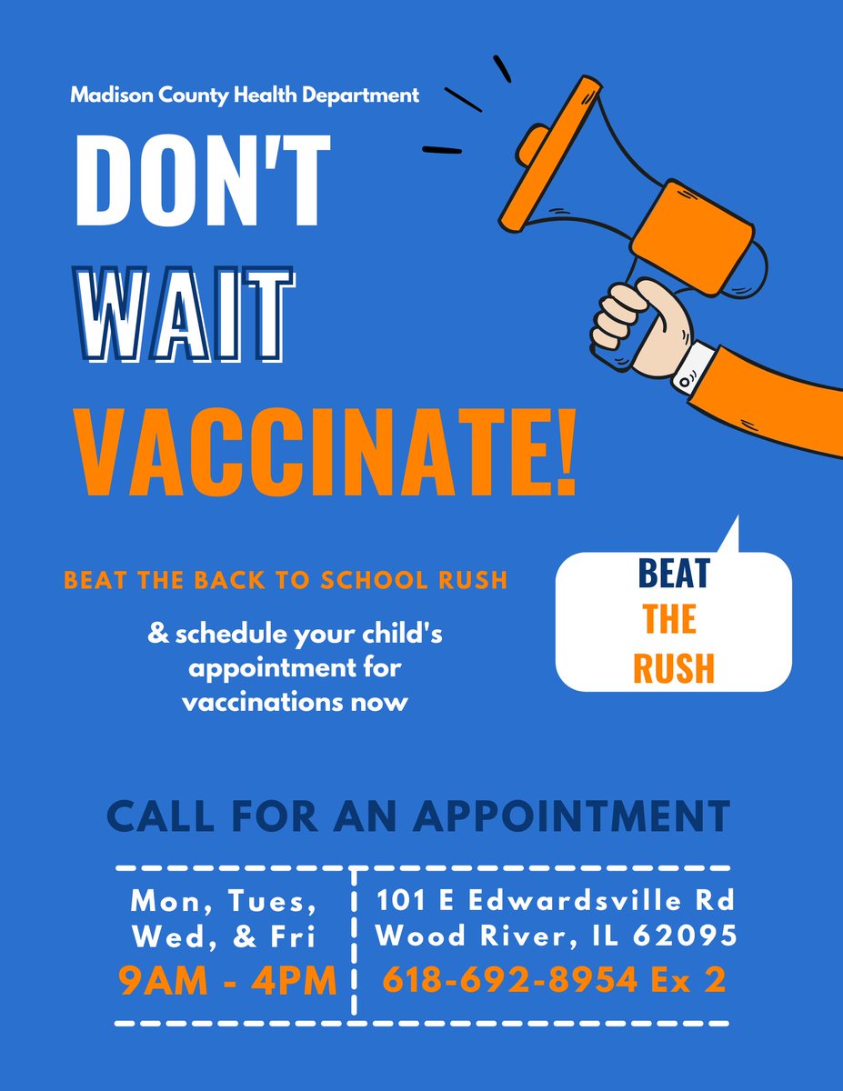 MadisonCHD's tweet image. Don't wait, vaccinate!
Beat the back to school rush and schedule your child's appointment for vaccinations now. 

Every Monday, Tuesday, Wednesday, and Friday from 9 AM to 4 PM. 
Call 618-692-8954 EX 2 to schedule an appointment!