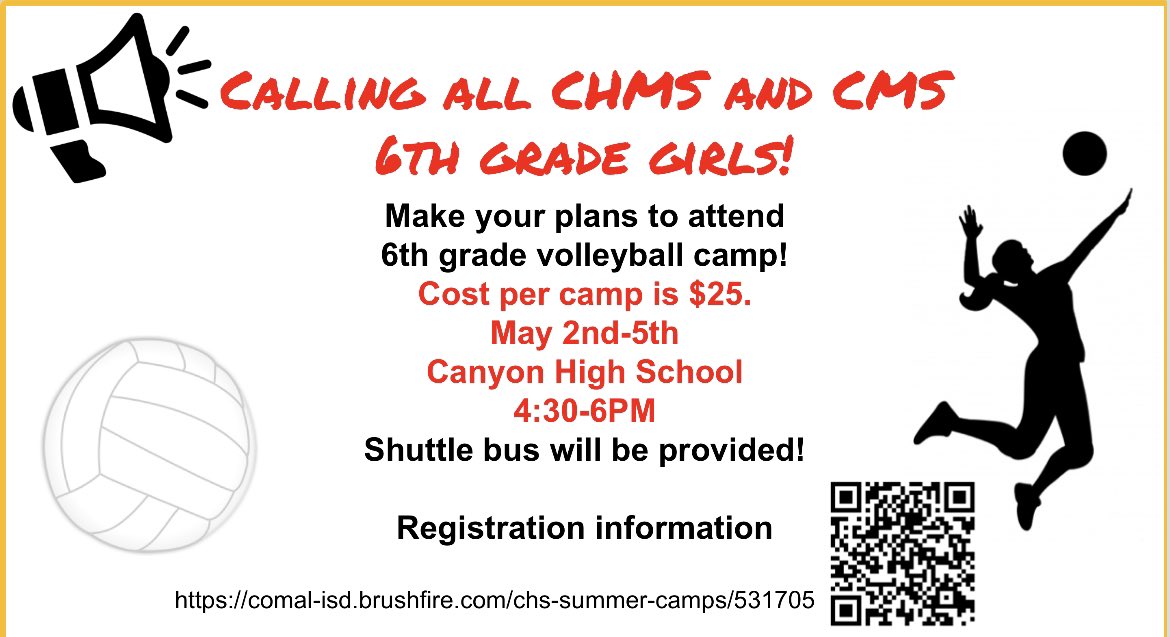 Calling all <a href="/CHMS_panthers/">CHMS Athletics</a> and @cms_lady 6th grade girls interested in volleyball…registration information is now available! See below! <a href="/AthleticsCanyon/">CanyonCougarAthletics</a> @CHMS_Principal <a href="/Jags_Principal/">Brady | Mutuum Support Team✪</a> <a href="/laurencastillej/">Lauren Castilleja</a>