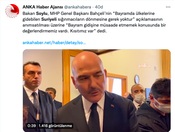 Olayı yine yanlış anlamış!
Ülkeye girenlere yeterince engel olmayıp ülkeden çıkıp Avrupa'ya gitmek isteyenlere yönelik gece gündüz operasyon yapan Bakan Soylu bayrama gidenlerin geri alınmasını engellemek yerine Bayramda gitmek isteyenlere engel olacaklarını söylüyor!