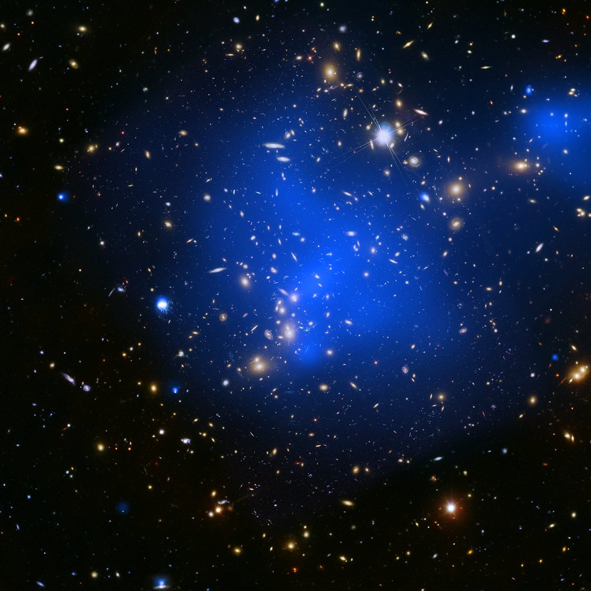 chandraxray's tweet photo. Today Chandra is studying the gargantuan galaxy cluster Abell 2744. Galaxy clusters contain enormous amounts of superheated gas at temperatures of tens of millions of degrees, which glows brightly in X-ray light. This image of the cluster spans roughly 6 million light years. https://t.co/2m2jUo8Sxu