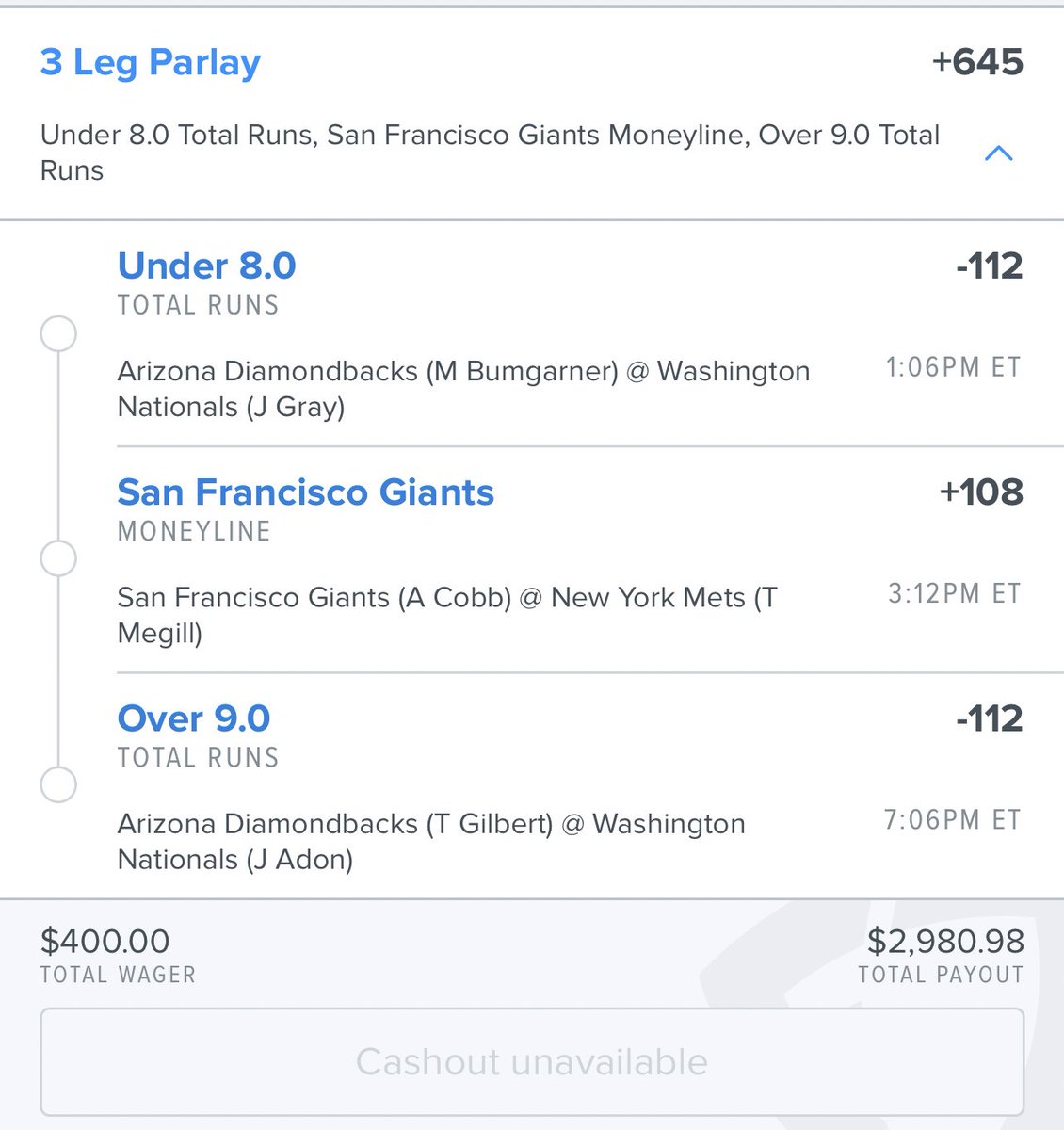 Public picks 4-1. Early degen parlay. Small unit play, like the value with Giants +108. Looking for Bumgarner and Gray to pitch 5 good innings each, then bullpen depletion setting up the over for second game of the double header. #freepicks #degen #gamblingtwitter #sportsbetting