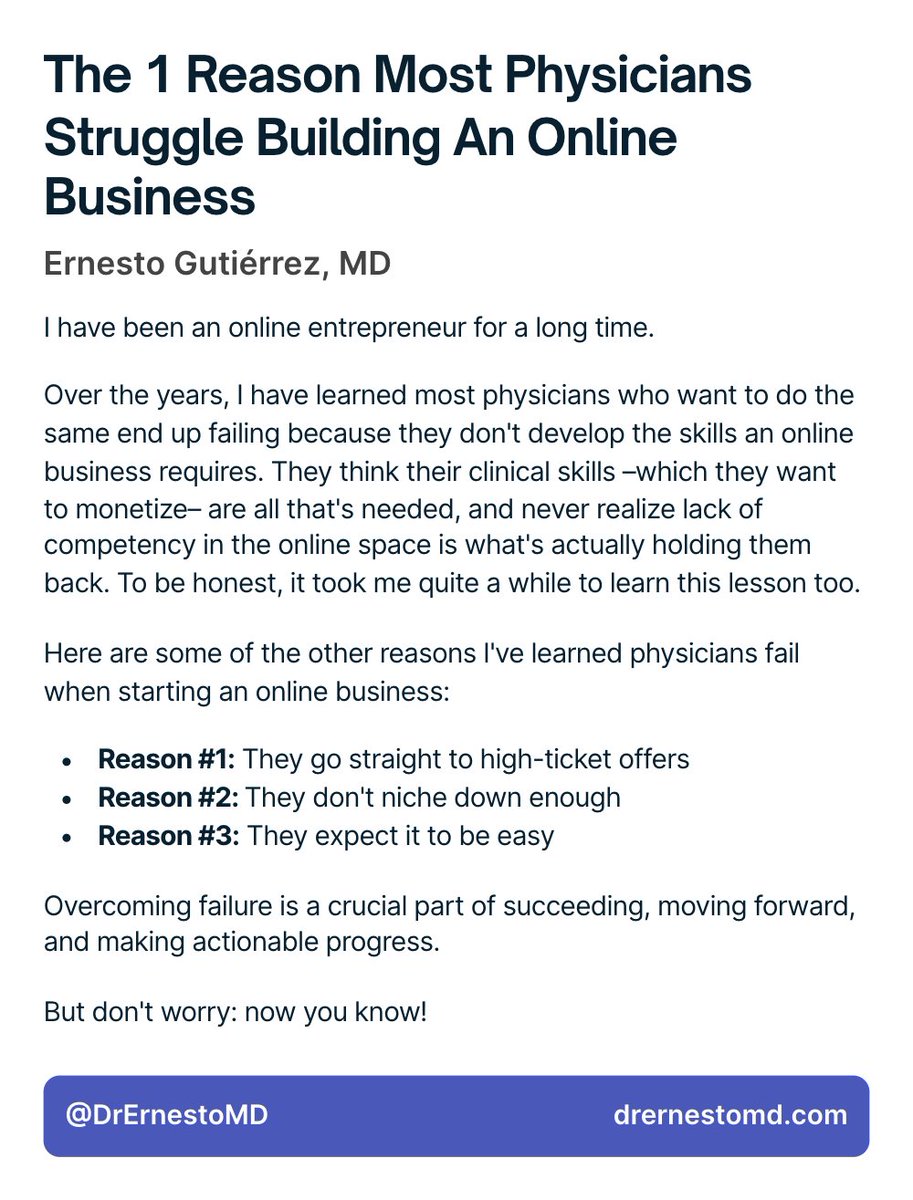 I've coached dozens of physicians start an online business.

And far above the rest, this is the #1 reason physicians struggle at first.

#ship30for30
#buildinpublic