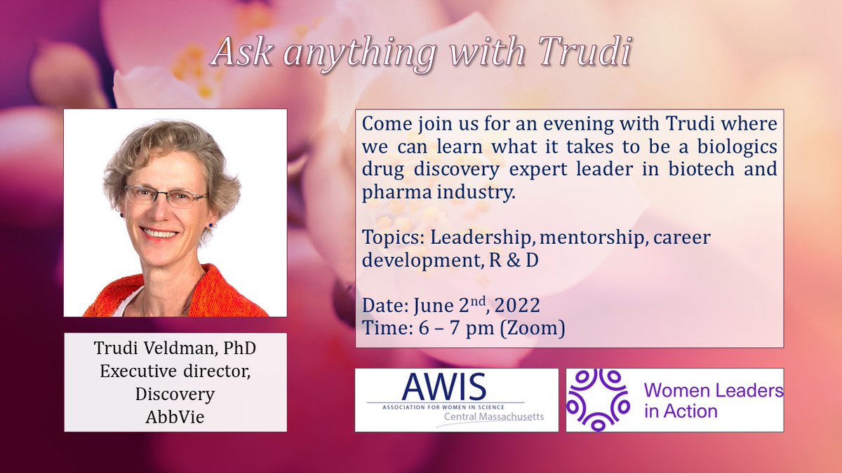 AWIScentralMA's tweet photo. Join us to hear Trudi Veldman, PhD, Executive Director, Discovery, Abbvie, share her insights on mentoship, career development and research! 2 June 6-7pm. https://t.co/vB5RmuEkQR #WomenInSTEM https://t.co/5N0tm0fE9H