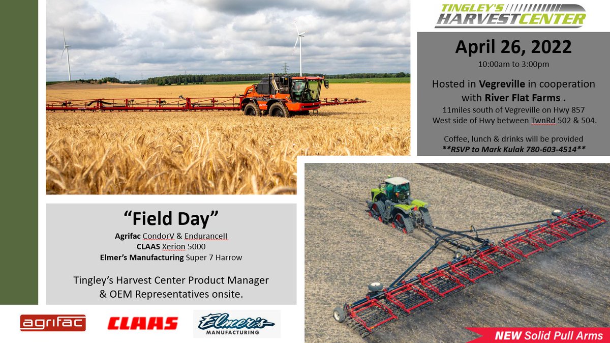 PrairieAGcenter's tweet photo. We are having a Field day!! Come for a walk-around and test drive alongside our product manager and OEMs representatives on April 26 in #Vegreville @CLAAS_America #Xerion5000 @Agrifac #CondorV #EnduranceII @elmersmfg #Super7 https://t.co/PDCE1dFj2K