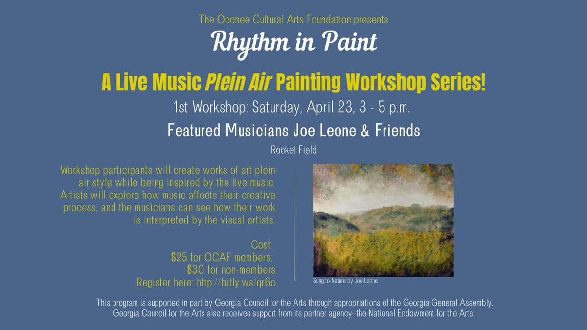 OCAFDirector's tweet photo. OCAF presents "Rhythm in Paint," a series of live music plein air paining workshops. The first workshop features a live performance by Joe Leone and friends. Live music and workshop will take place on Rocket Field. Register here: https://t.co/FsHjLqrjwc https://t.co/1W15fpMAQ6