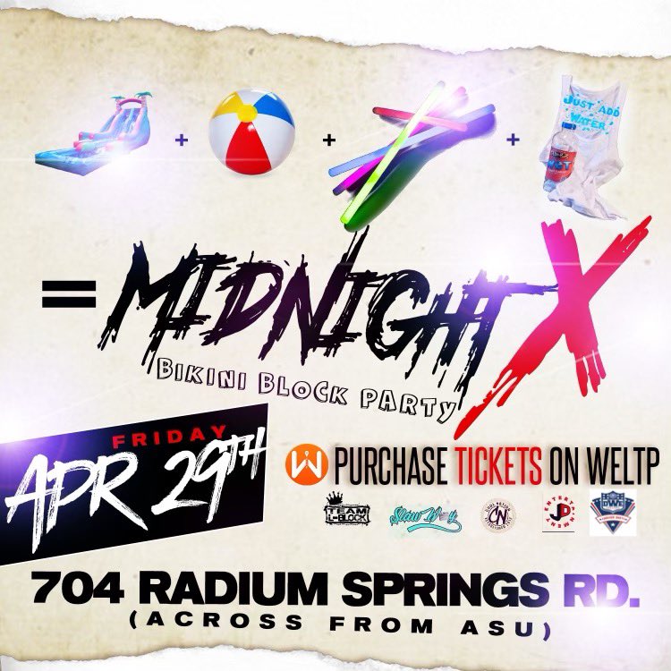 ASU28Rams's tweet photo. #MidNightX (BIKINI👙 BLOCK PARTY)
🗓 FRIDAY APRIL 29TH
704 RADIUM SPRINGS RD.
(ACROSS FROM EAST CAMPUS)
THE BIGGEST END OF THE YEAR PARTY EVER‼️‼️
WATER SLIDES💦🛝
BEACH BALLS
WATER GUN SHOTS🔫🥃
POWERED BY #DERTYWORKENT
@DertyWorkTato @DjOchoytlayol @LadrakeWoodard https://t.co/ivw7UPD4sy