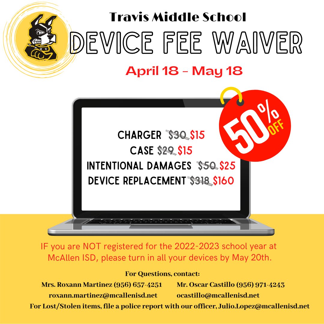 1Lib_specialist's tweet photo. In honor of Library Amnesty Month, we're helping our students & families by waiving half of all device fees @TerriersTravis @TravisMSLib @MISD_Parents1 Come see us!π§βπ» https://t.co/44zTZoJlxn