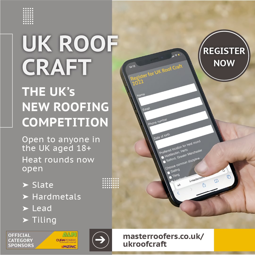 Registration is open for UK Roof Craft 2022! This is an exciting opportunity to compete in a national roofing competition to showcase your skills and ability. 

Register here: masterroofers.co.uk/ukroof-registr…

Sponsored by Cupa Pizarras, VMZinc and Associated Lead Mills. Supported by NCTS