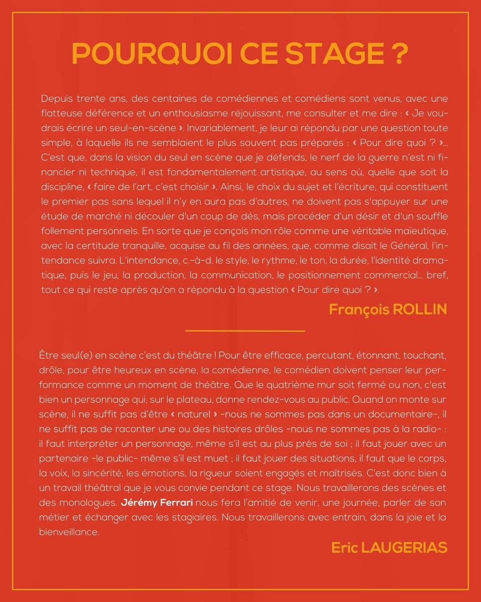 <a href="/ChinchmanComedy/">Chinchman Comedy</a> Le prochain stage "SEUL(E)-EN-SCENE" que j'aurai le plaisir d'animer avec <a href="/francoisrollin/">rollin</a>, se déroulera à Paris du 23 mai au 3 juin. Inscriptions ouvertes. Financement possible Afdas, Pôle Emploi. stage100paris@gmail.com 0780677876
#stage #seulenscene #theatre